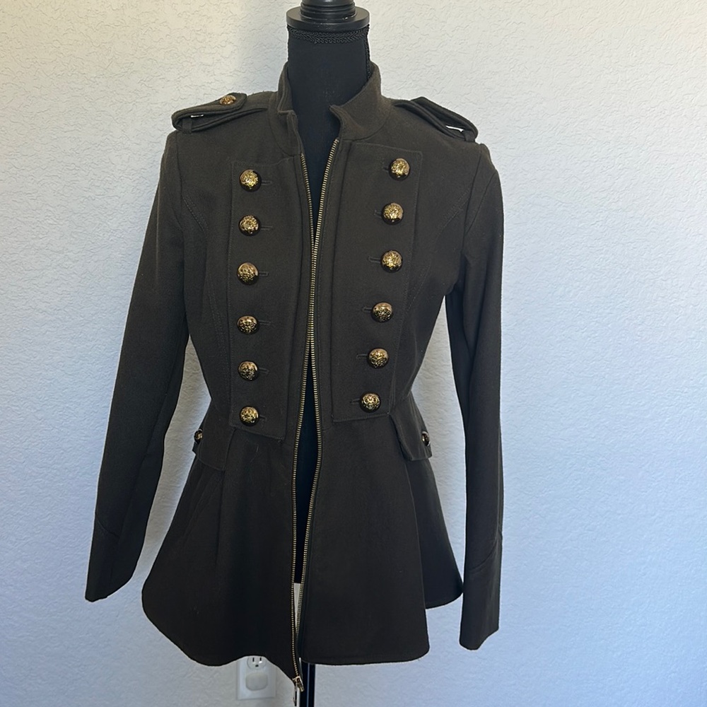 Army green wool blend military look jacket, Aqua S, Bloomingdale’s.